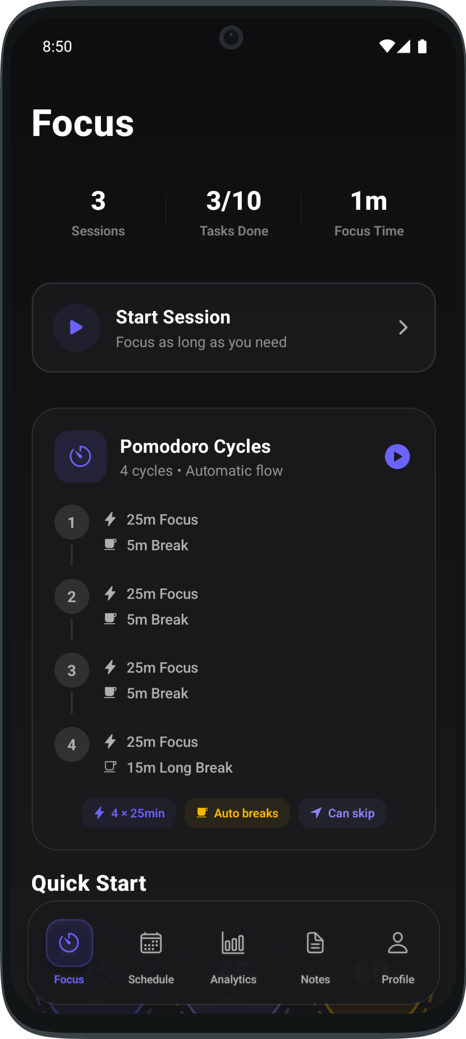 FocusPro Home Screen - Dark Mode