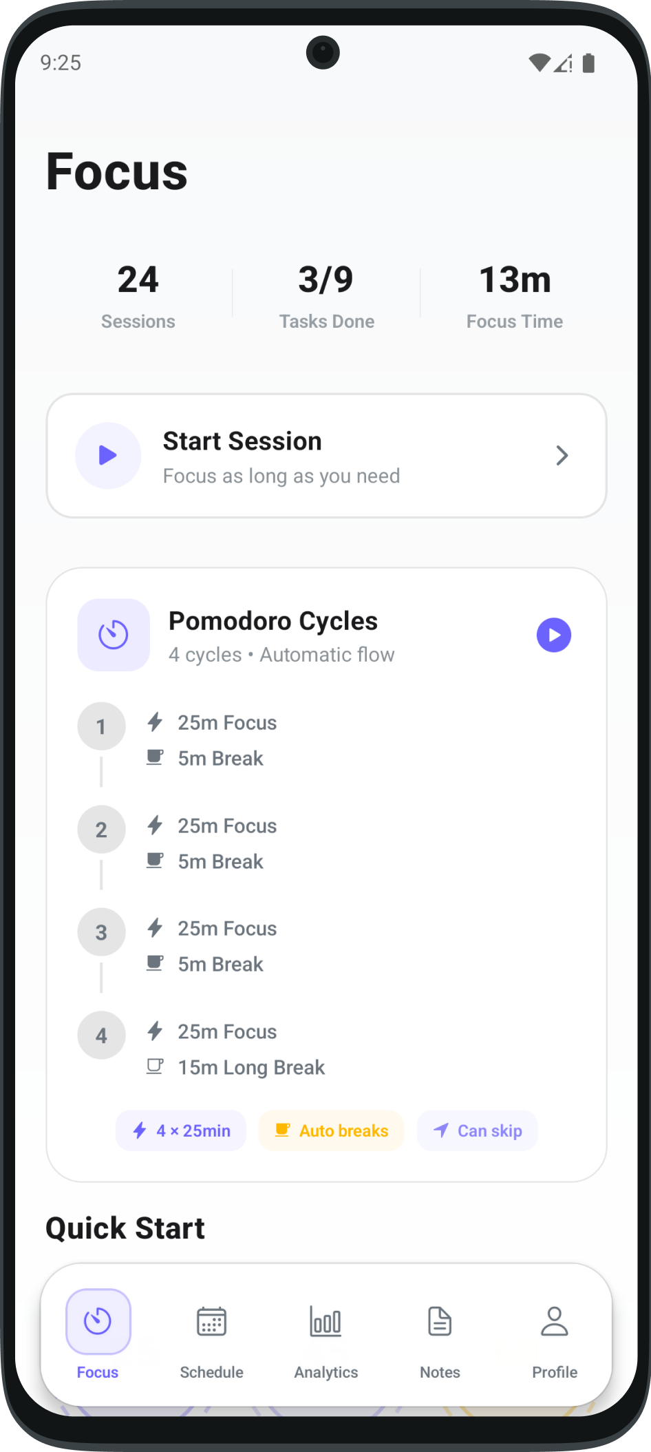 FocusPro Home Screen - Light Mode